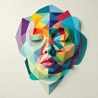 The primary subject of the image is a close-up of a woman's face, which is depicted in a colorful and artistic manner. The setting is a white background, and the visual style appears to be a combination of digital art and illustration. The colors and mood of the image are vibrant and lively, with the woman's face being the main focus of the composition.